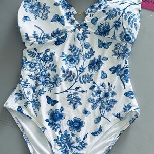 Betsey Johnson White and Blue Toile Floral One Piece Swimsuit NEW